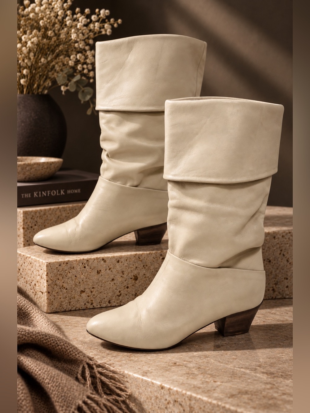 Vintage Antonio Moreno Cream Leather Slouch Cuff Mid Calf Boots Block Heel 8.5